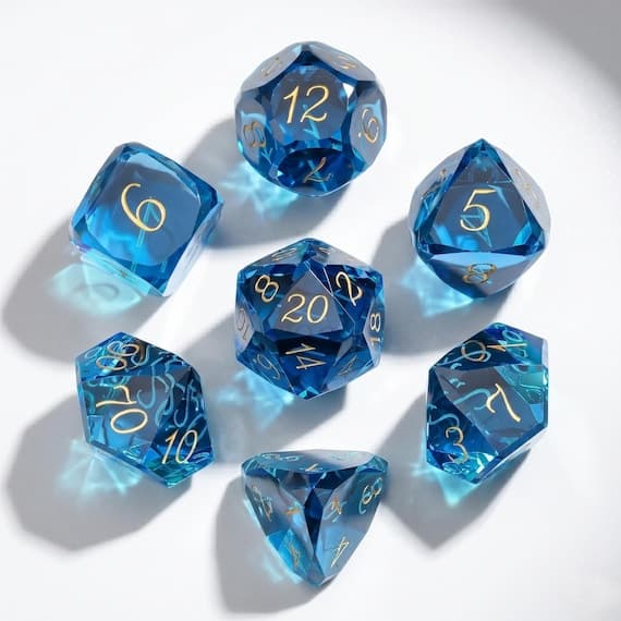 Azure Sovereign glass dice set, sapphire blue with gold numbers