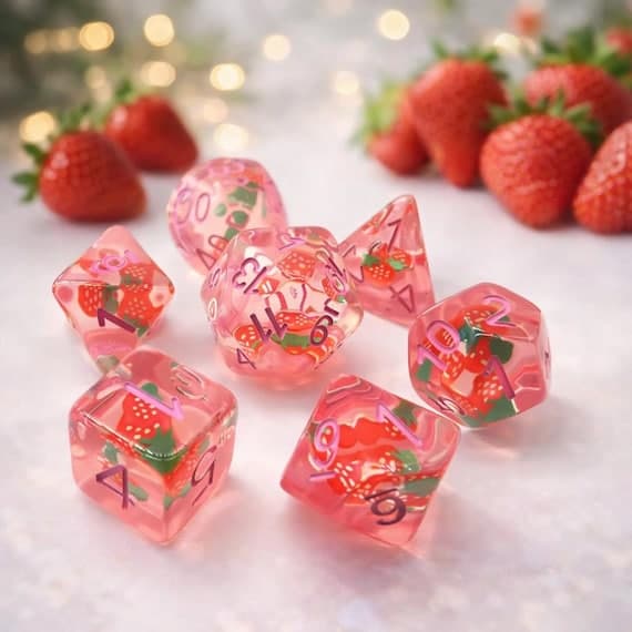 Strawberry Mania dice set, soft pink resin with strawberry slices