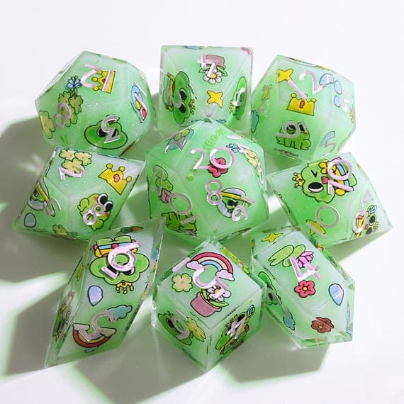 Whimsical Froggy Friends dice set, lime green with cartoon frogs