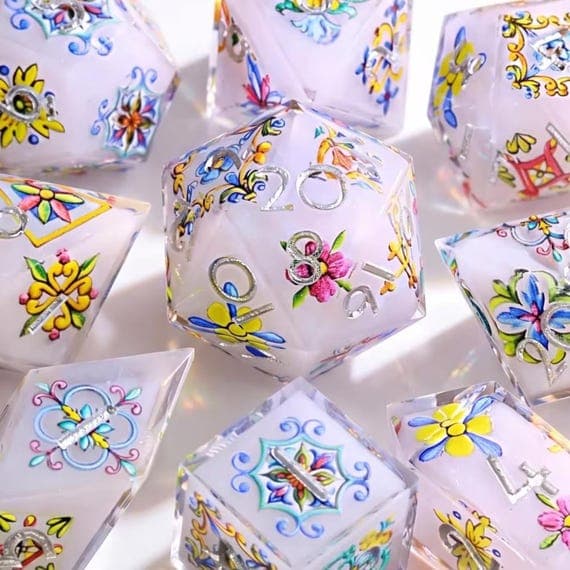 Floral Blow dice set, translucent resin with floral patterns