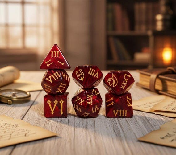 Imperial Eclipse dice set, crimson marble with gold Roman numerals