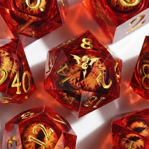 Infernal Eye dice set, fiery demonic eye in red resin