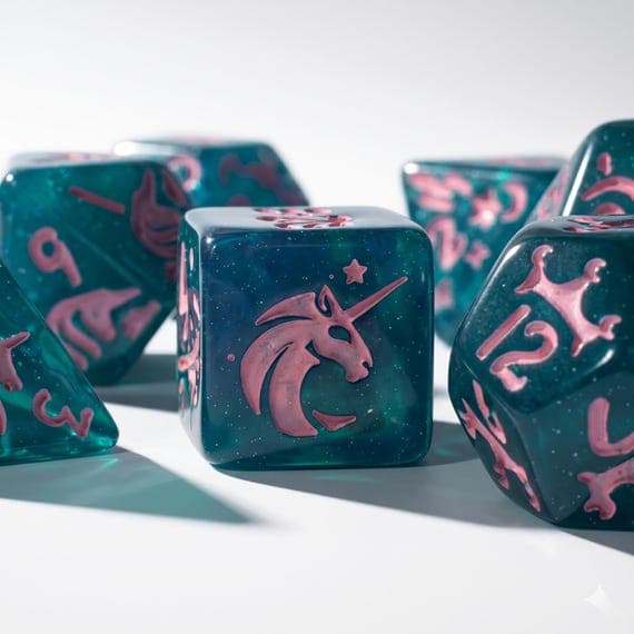 Unicorn Arcane dice set, teal resin with pink unicorn symbols