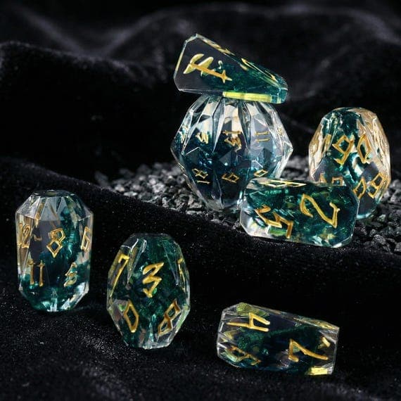 Verdant Arcane dice set, emerald smoke in clear resin shard shape