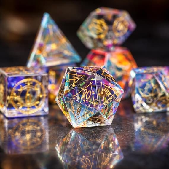 Prismatic Arcana glass dice set, rainbow light reflections